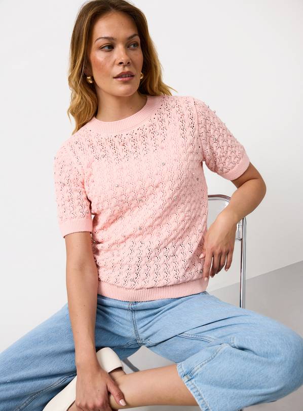 Pink Embellished Stitch Detail Knitted T-Shirt 10